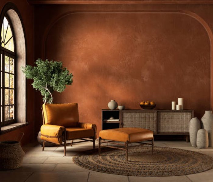 Orange boho style interior with armchair, dresser and decor. 3d render illustration mockup.